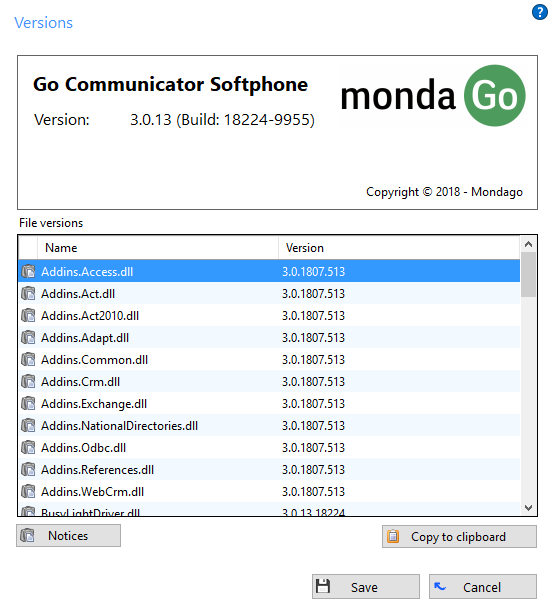 Versions information